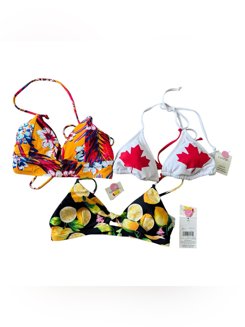 George Junior S Bikini Tops Lot 3 Canada Maple Leaf Lemon NWT